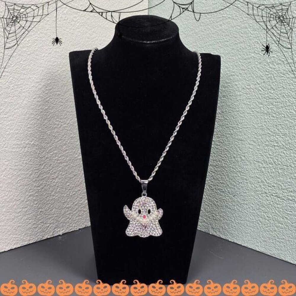 🎃 Silver Sparkling Ghost‎ Pendant Necklace (NWOT)